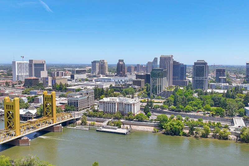 Aerial view of downtown Sacramento and the Tower Bridge over the Sacramento River