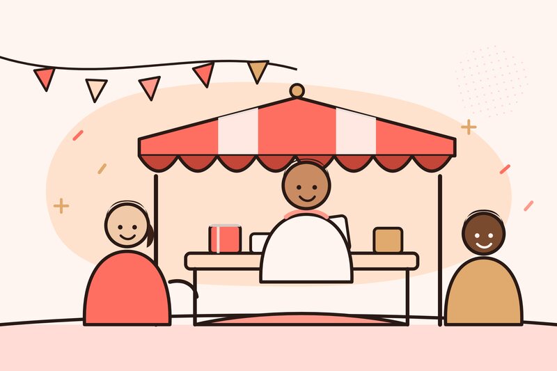 Illustration of a branded pop-up event booth with a host and two guests