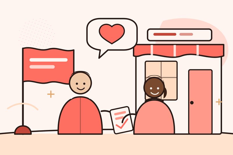 Illustration of a Coral Partners representative talking with a customer outside a storefront