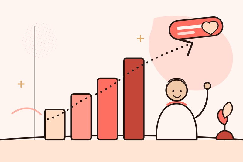 Illustration of a rising bar chart with a marketer pointing at campaign growth results