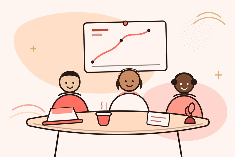 Illustration of a Coral Partners team planning a marketing campaign around a table with a growth chart on the wall