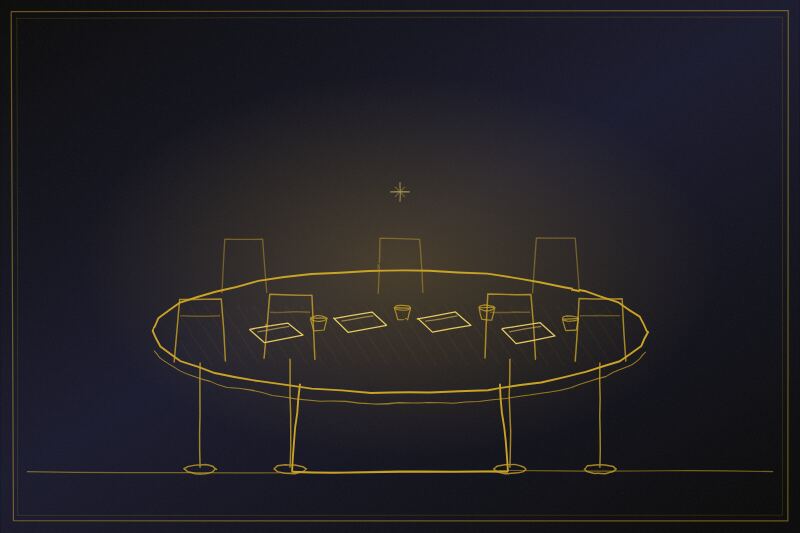 Illustration of a boardroom table set for a client strategy session