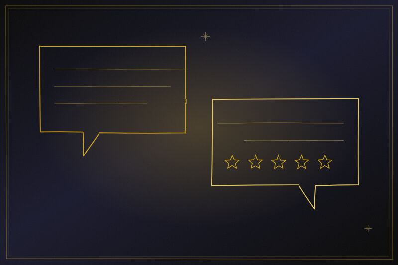 Illustration of speech bubbles and a five star rating