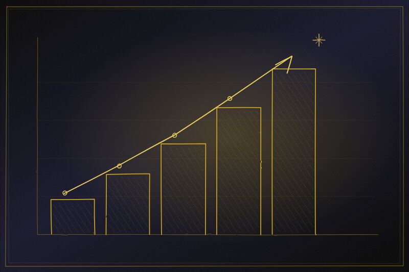 Illustration of an ascending bar chart with an upward trend line