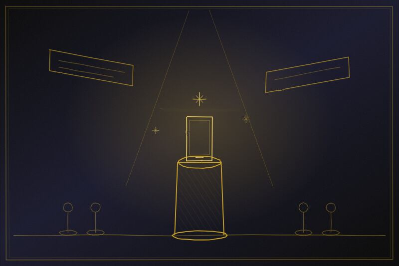 Illustration of a product launch pedestal with a device under a spotlight
