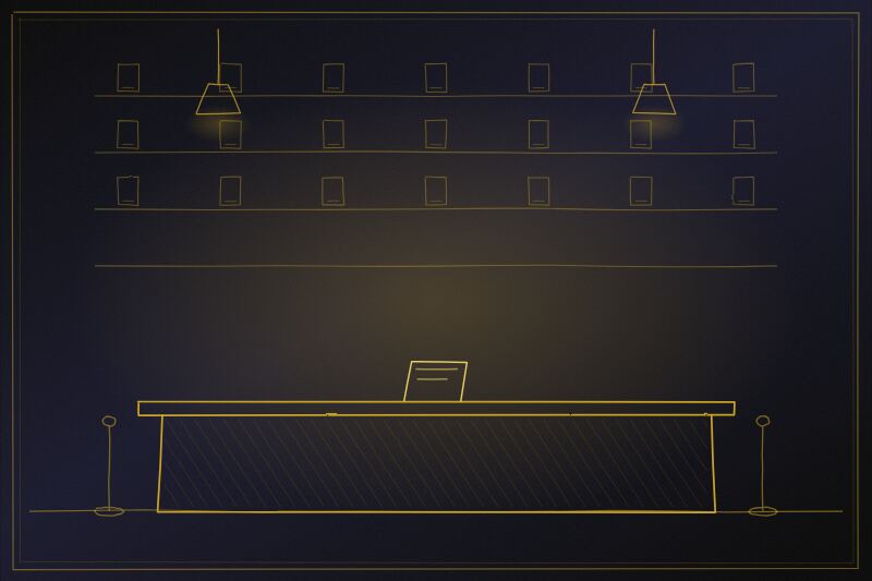 Illustration of a retail sales floor with a lit display wall and service counter