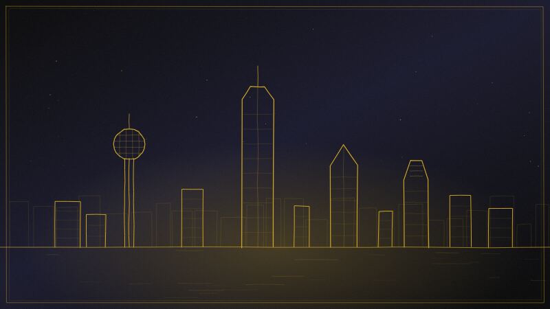 Hand-drawn illustration of the Dallas skyline in gold line art