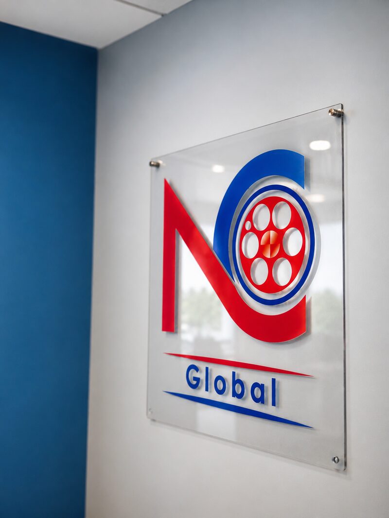 The NoeCee Global logo mounted on glass inside the Fairfax, Virginia office