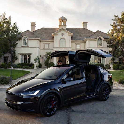 Black Tesla Model X with its falcon-wing doors open in the driveway of a private estate