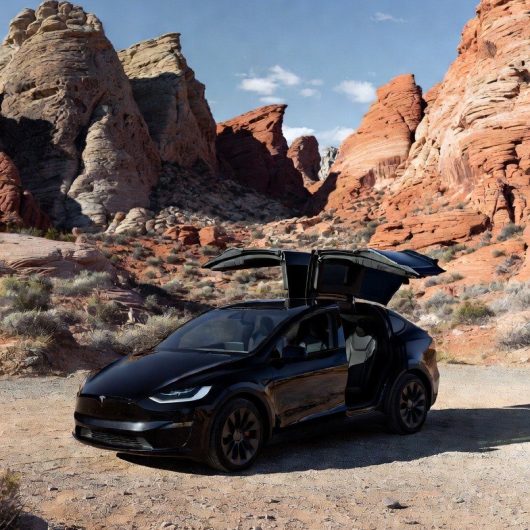 Black Tesla Model X with its falcon-wing doors open among the red rock formations of Valley of Fire