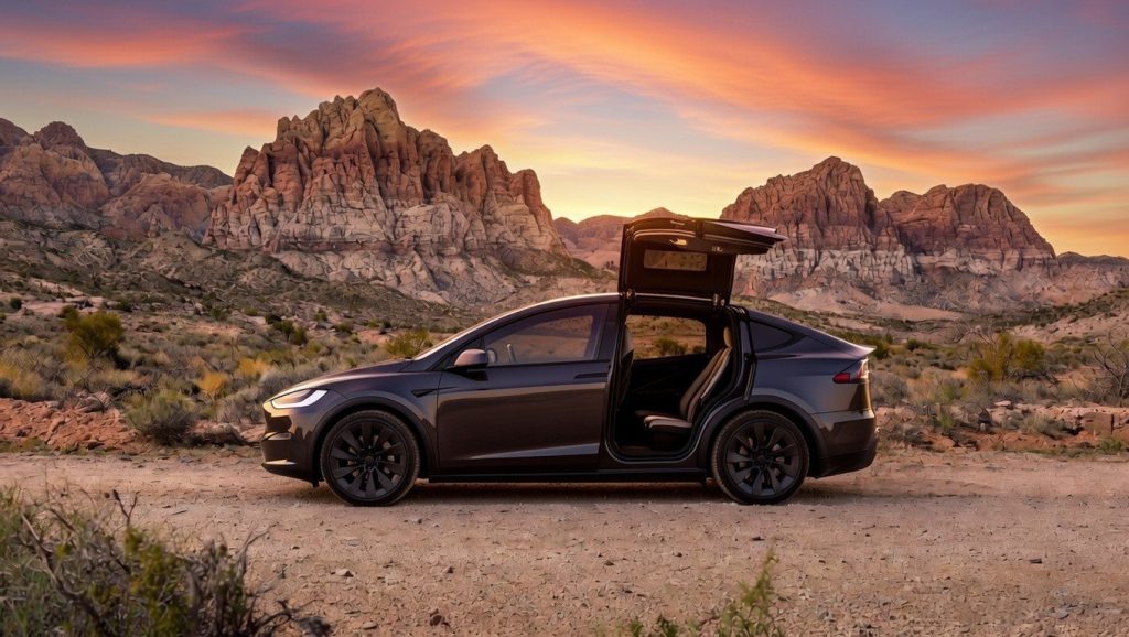 Tesla Model X with its falcon-wing doors open on a desert road at Red Rock Canyon at sunset