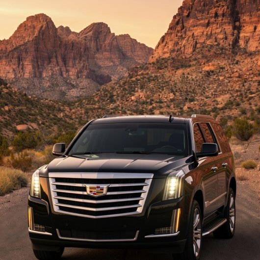 Black Cadillac Escalade ESV parked on a desert road below the Red Rock Canyon cliffs