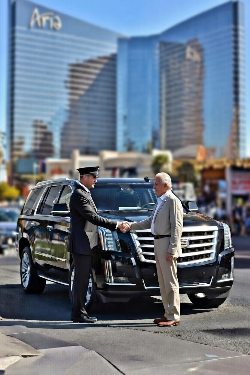 Chauffeur assisting a senior passenger into a luxury SUV