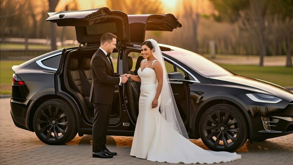 Tesla Model X decorated for a wedding with the couple boarding
