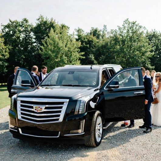 Black Cadillac Escalade with its doors open at an outdoor wedding as the party boards