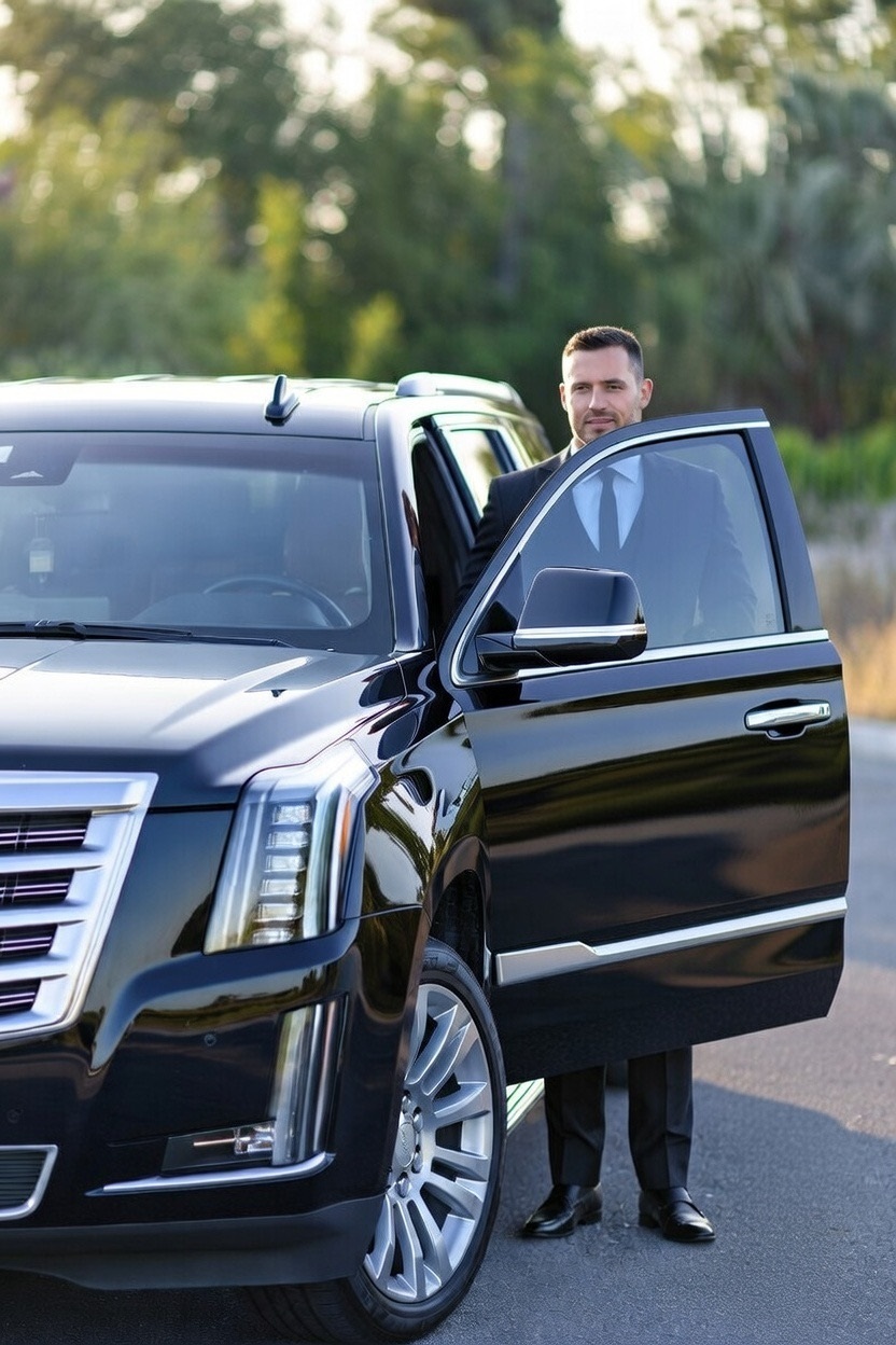 Professional chauffeur standing beside a black Cadillac Escalade