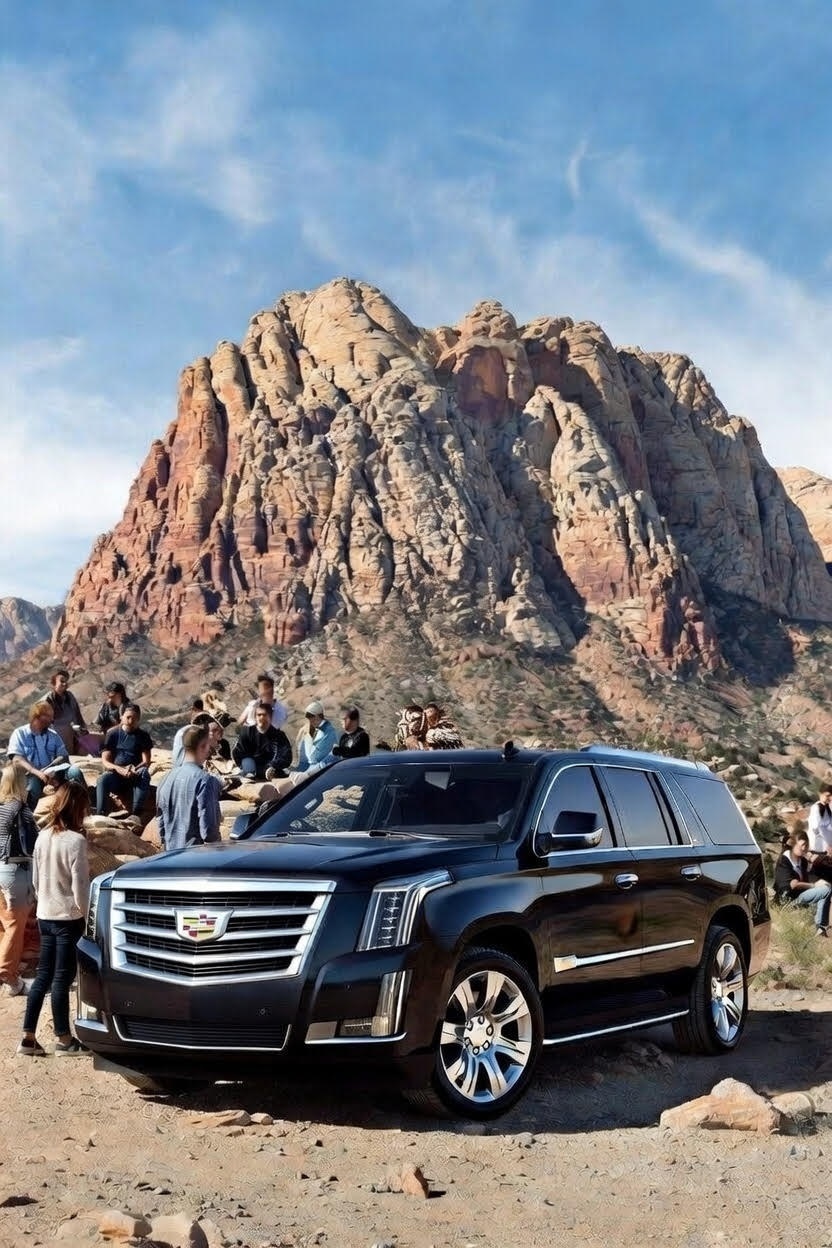 Group of passengers boarding a Cadillac Escalade for group transportation