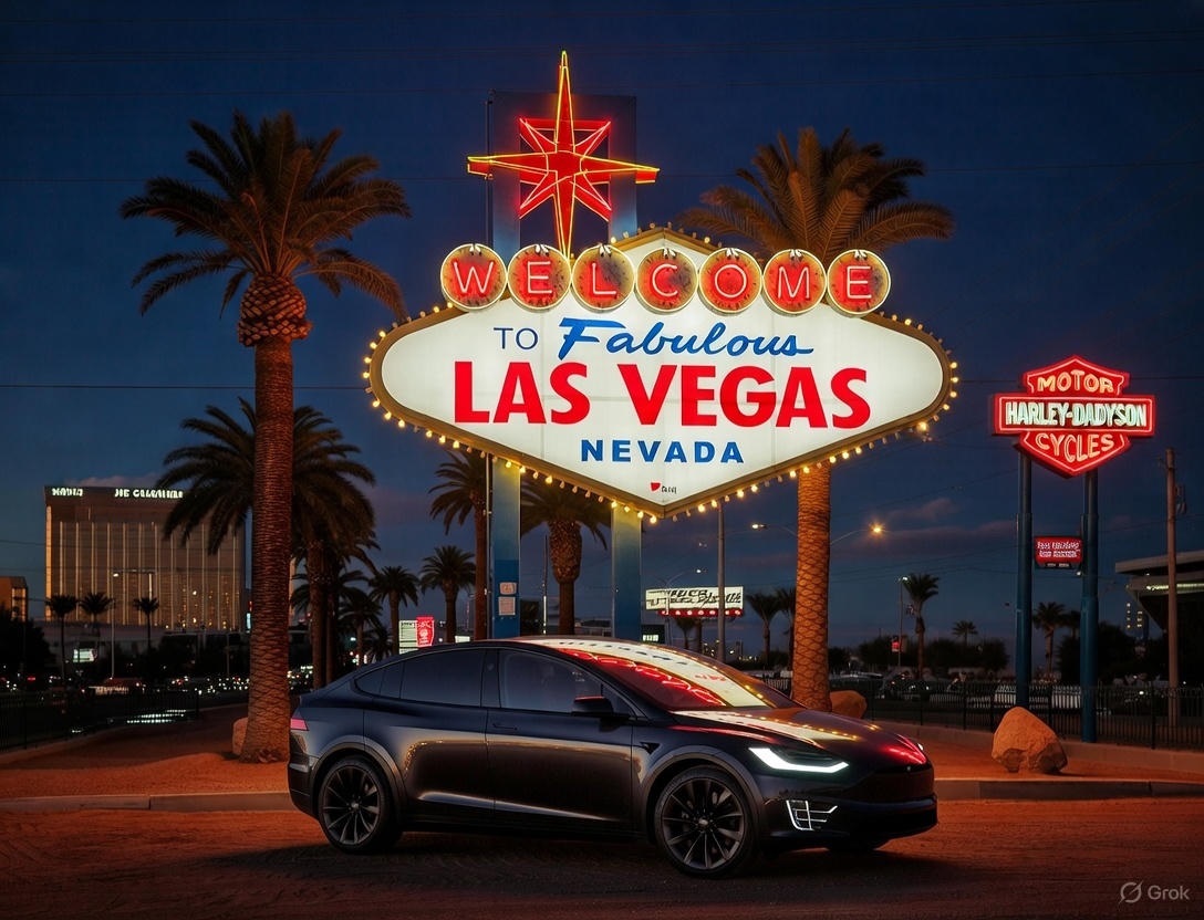 Tesla Model X parked beside the Welcome to Fabulous Las Vegas sign