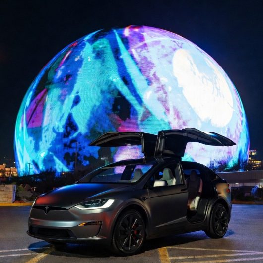 Tesla Model X with its falcon-wing doors open in front of the Sphere in Las Vegas