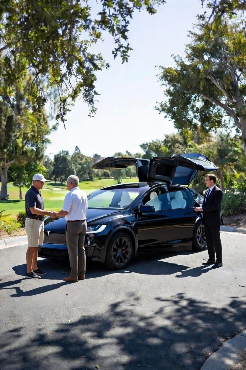 Tesla Model X parked at a Las Vegas golf course clubhouse