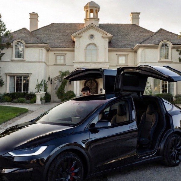 Black Tesla Model X with its falcon-wing doors open in the driveway of a private estate