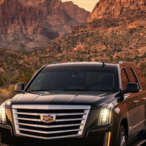 Black Cadillac Escalade ESV parked on a desert road below the Red Rock Canyon cliffs