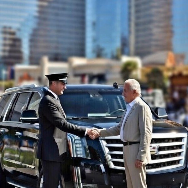 Chauffeur assisting a senior passenger into a luxury SUV