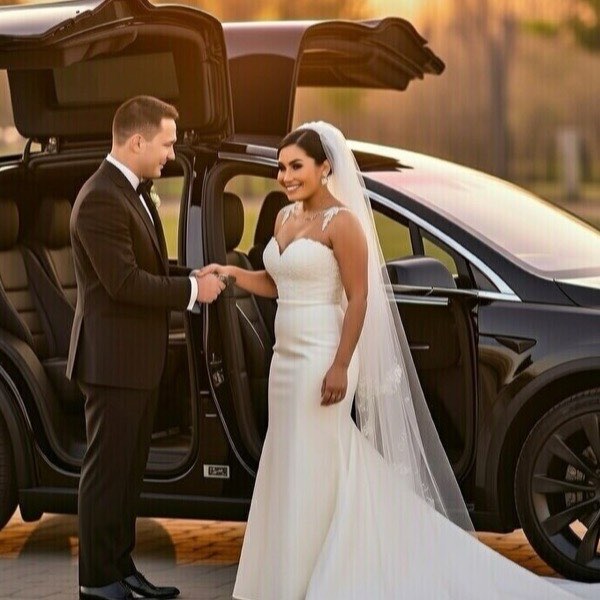 Tesla Model X decorated for a wedding with the couple boarding