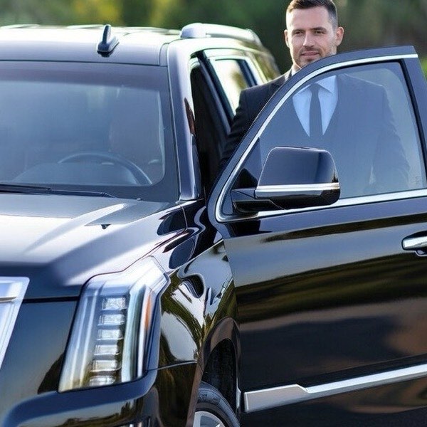 Professional chauffeur standing beside a black Cadillac Escalade