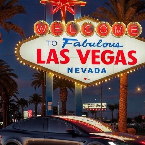 Tesla Model X parked beside the Welcome to Fabulous Las Vegas sign