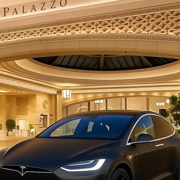 Tesla Model X on hourly standby outside a Las Vegas Strip resort