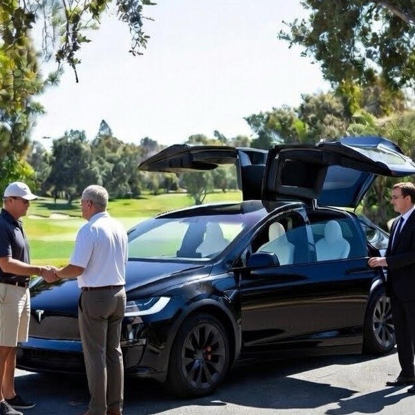 Tesla Model X parked at a Las Vegas golf course clubhouse